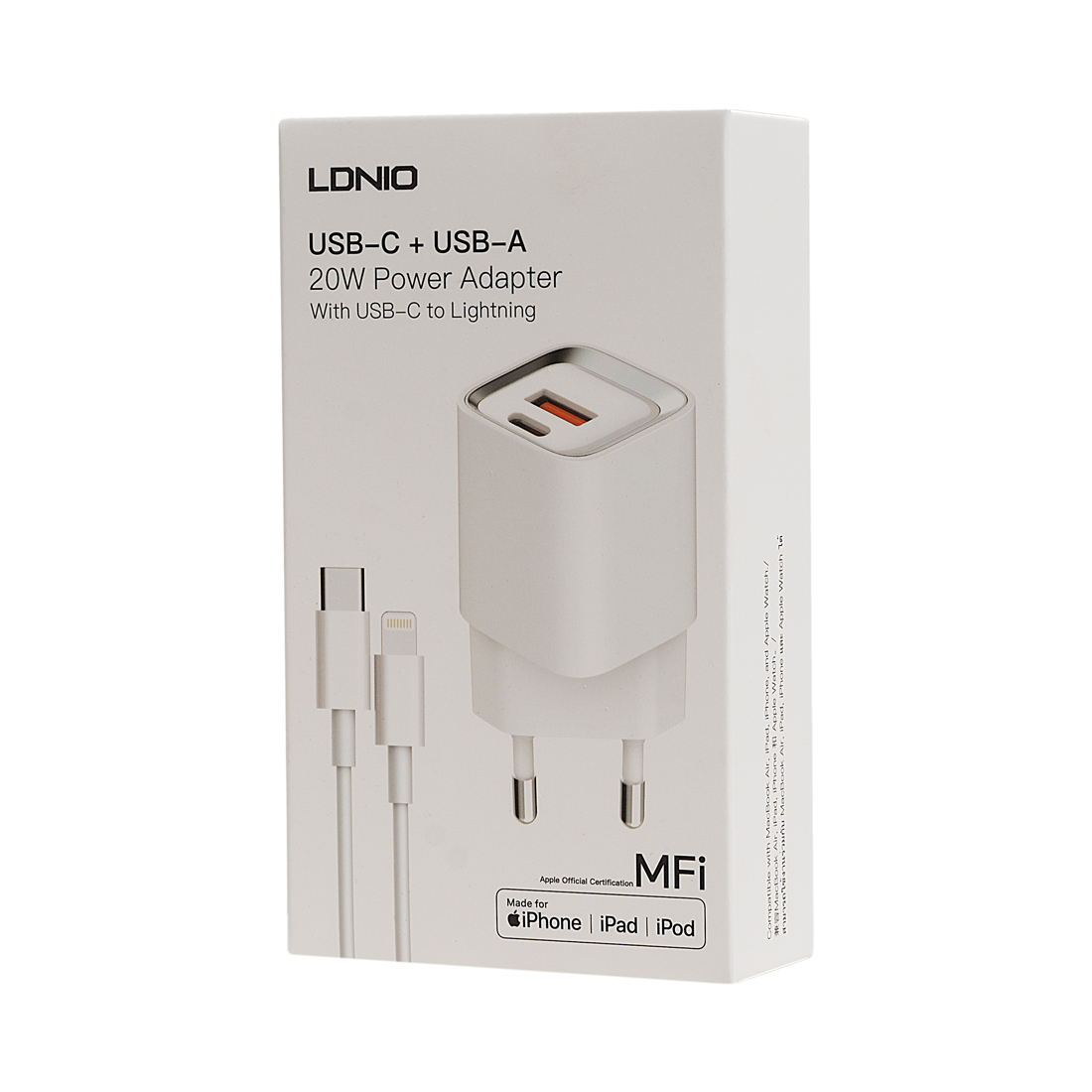 Универсальное зарядное устройство LDNIO A2318M MFI 20W USB-А, USB-C Белый
