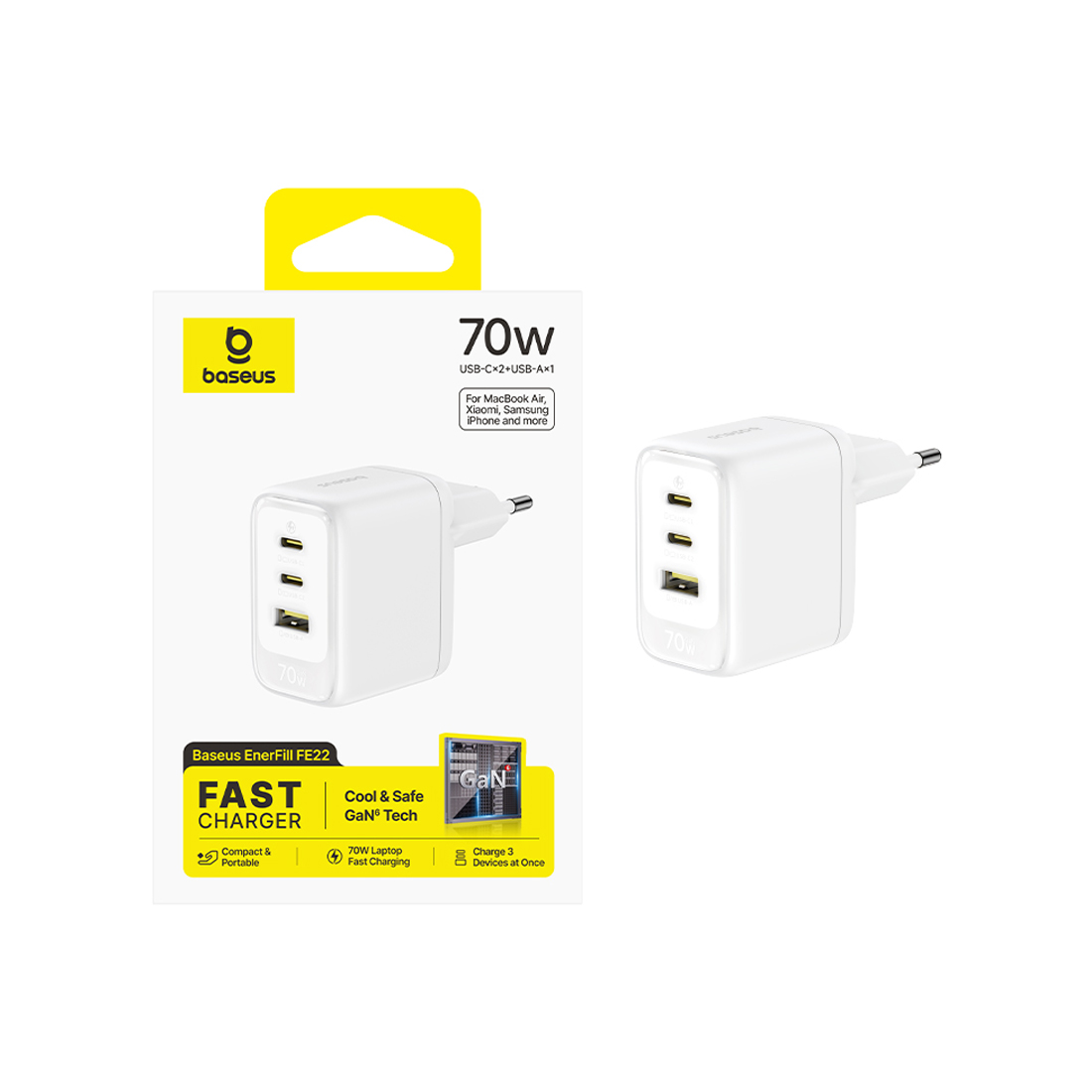 Адаптер питания Baseus EnerFill FE22 Fast Charger 2C+U 70W EU Moon White
